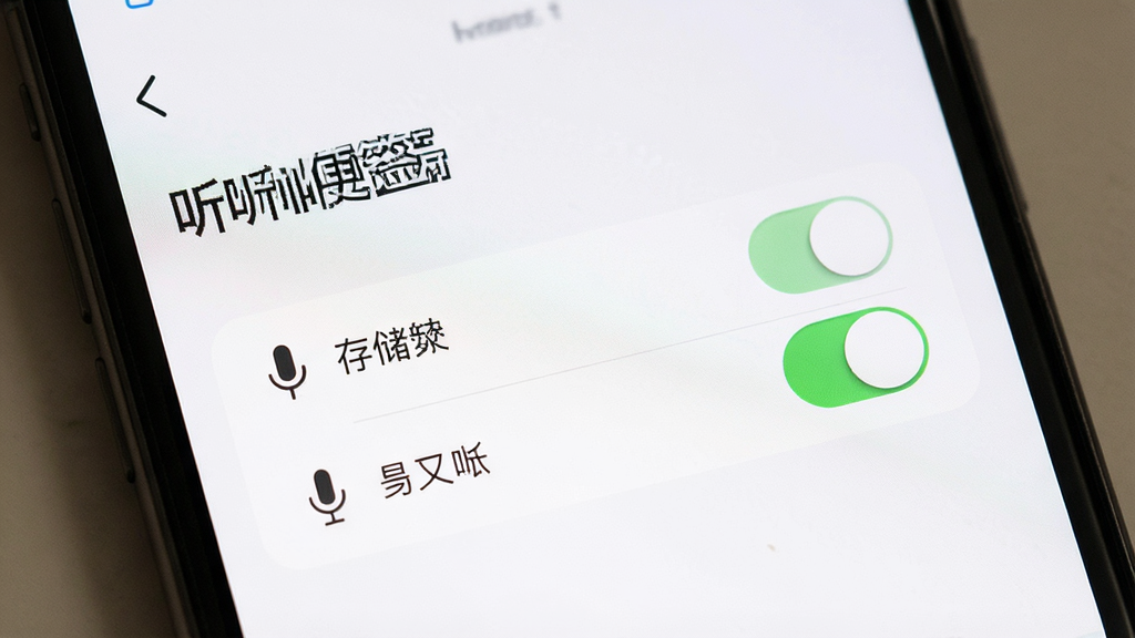 一张展示“听听便签”权限设置界面的图片,主体是手机屏幕显示麦克风和存储权限开关,布局清晰,风格简洁,细节明确,画质干净无多余元素
