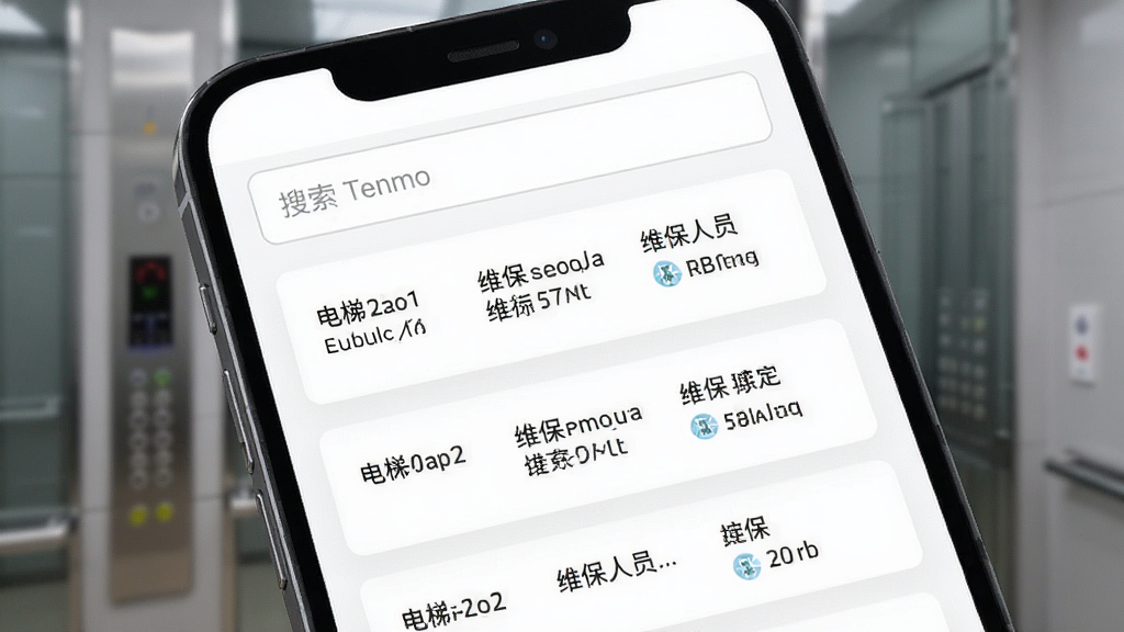 手机屏幕显示电梯维保平台的历史工单列表页面,列表中有多条维保记录,每条记录显示电梯编号、维保日期和维保人员姓名,页面顶部有搜索框,背景是简洁的白色卡片式布局,风格现代,画质清晰,干净,无多余元素