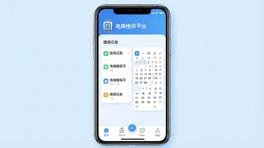 一张手机屏幕展示电梯维保平台应用主界面,画面中央是手机正视图,屏幕内显示电梯维保平台App的首页布局,顶部有电梯图标和“电梯维保平台”文字,中间是维保任务列表和日历视图,底部是导航栏,背景是干净的浅蓝色渐变,风格现代扁平,细节圆润,画质清晰,干净,无多余元素