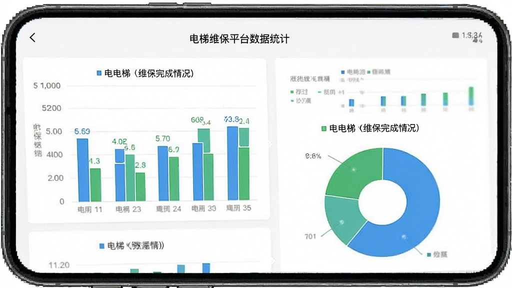一张手机屏幕截图展示电梯维保平台的数据统计页面,页面中有柱状图和饼状图,显示不同电梯的维保完成情况,图表颜色以蓝色和绿色为主,背景干净白色,风格简洁现代,画质清晰,干净,无多余元素