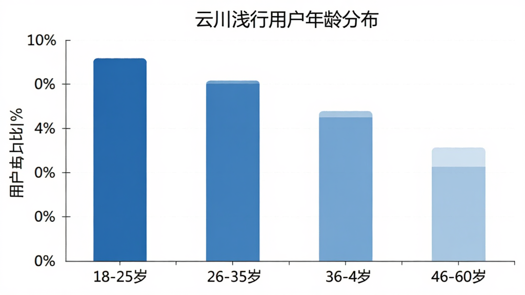 一张柱状图,展示“云川浅行”用户年龄分布,横轴为年龄段18-25岁、26-35岁、36-45岁、46-60岁,纵轴为用户占比百分比,柱状图颜色为蓝色系,图表标题为“云川浅行用户年龄分布”,风格简洁干净