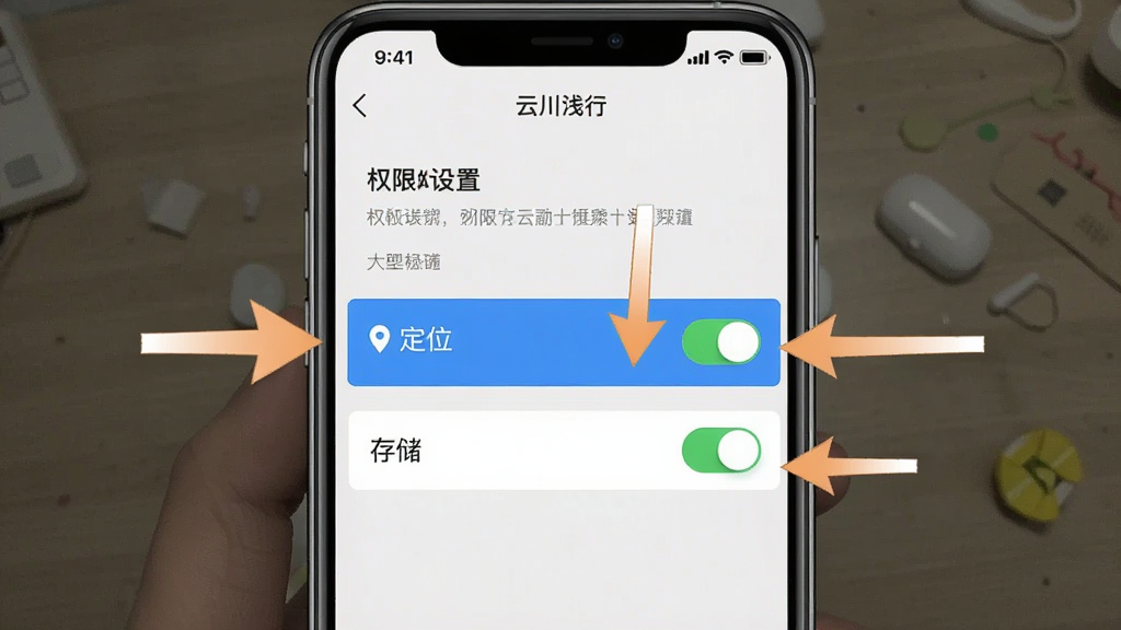 一张手机屏幕截图教程图,展示“云川浅行”App的权限设置界面,高亮显示“定位”和“存储”权限开关,界面风格简洁,带有箭头指示操作步骤,画质清晰