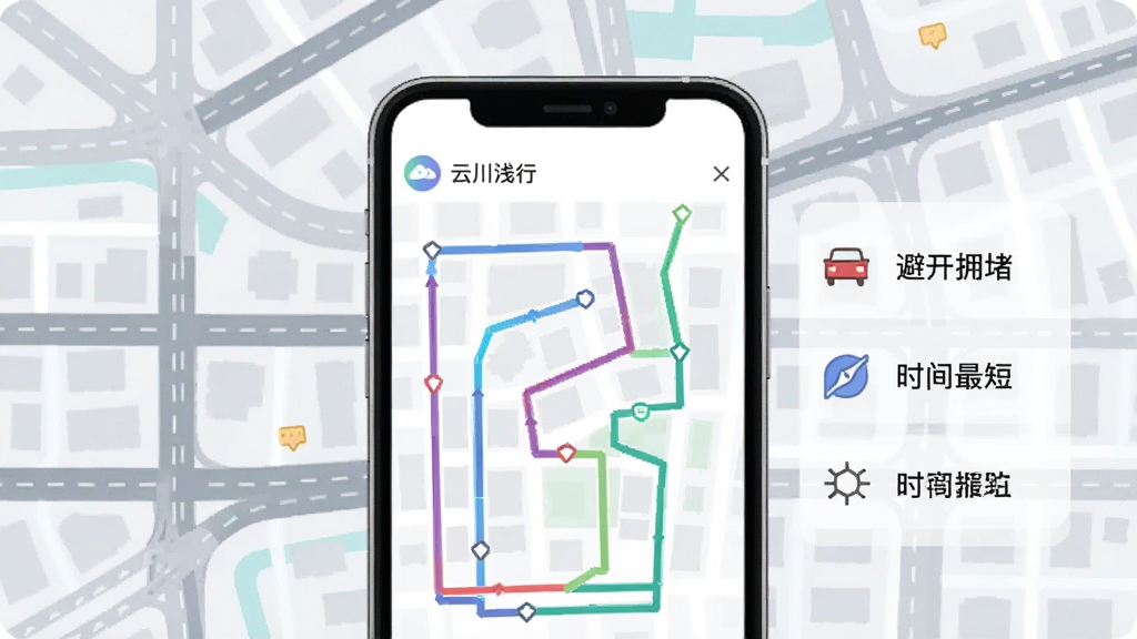 一张“云川浅行”App功能展示图,画面主体是手机屏幕,屏幕上展示着多条彩色路线规划,旁边有简洁的图标表示“避开拥堵”、“时间最短”等选项,背景是抽象的城市道路网格,风格现代扁平,画质干净
