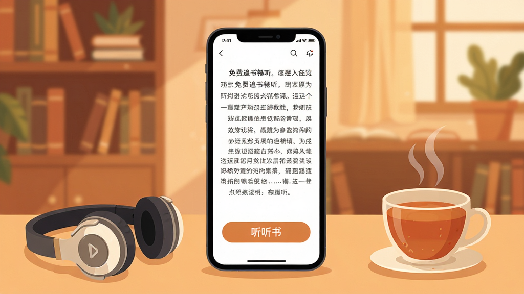 免费追书畅听 手机应用界面展示,一个舒适的阅读场景,手机屏幕亮着显示小说阅读页面,旁边有耳机和一杯热茶,背景是温馨的暖色调书房,主体为手机和耳机,布局居中,排版简洁,风格为现代扁平化插画,细节包括手机屏幕上的文字行和听书按钮,画质清晰干净无多余元素