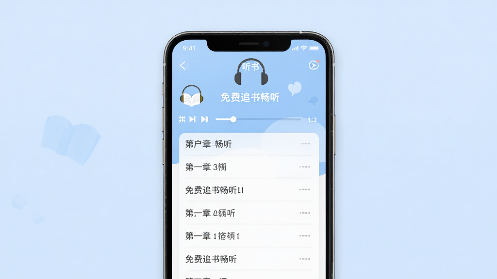 免费追书畅听 界面展示,画面主体是一个手机屏幕,屏幕上显示着听书播放界面,有播放进度条和章节列表,背景是柔和的淡蓝色,布局简洁明了,风格为扁平化UI设计,细节包括耳机图标和文字“免费追书畅听”,画质干净清晰无多余元素
