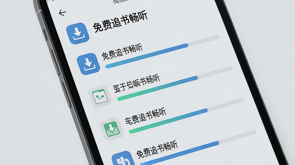 免费追书畅听 功能展示,画面主体是一个手机屏幕,屏幕上显示着下载管理界面,有多个章节正在下载的进度条,背景是浅灰色,布局清晰,风格为现代扁平化设计,细节包括下载图标和文字“免费追书畅听”,画质干净清晰无多余元素
