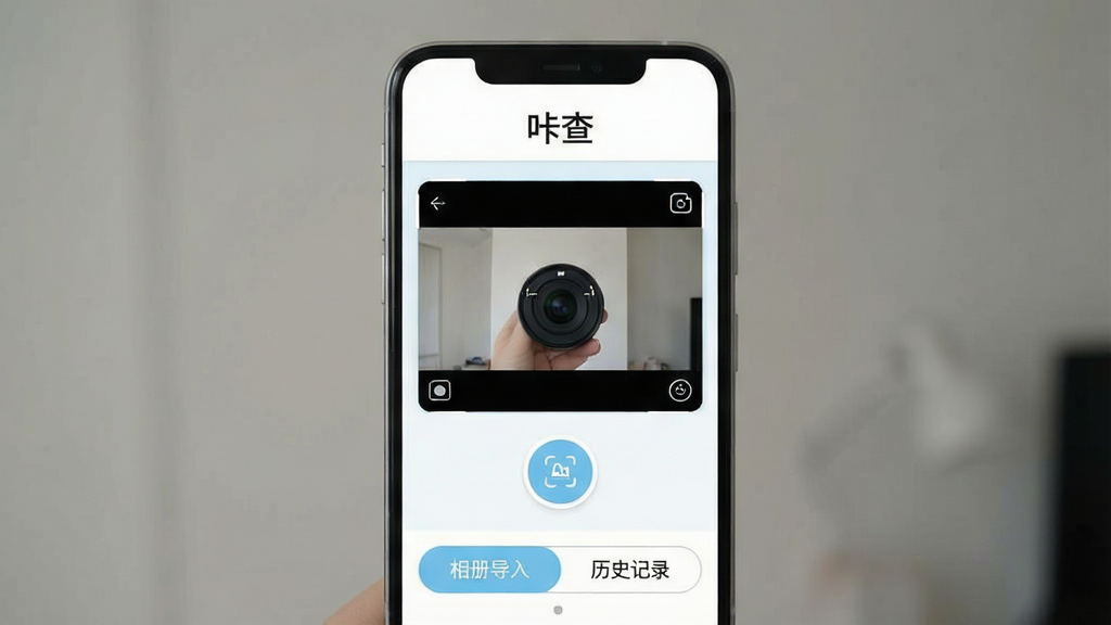 一张手机屏幕展示图,画面中心是一部安卓手机,手机屏幕上显示“咔查”App的主界面,界面顶部有“咔查”文字标识,中间是相机取景框和识别按钮,下方有“相册导入”和“历史记录”两个选项卡,界面风格简洁清爽,以白色和浅蓝色为主色调,图标圆润,布局整齐,画质干净清晰,无多余元素