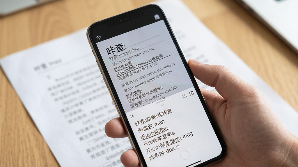 一张“咔查”App的功能展示图,画面中一只手拿着手机对着桌面上的纸质文档拍照,手机屏幕上显示文档中的文字正被逐行提取出来,提取出的文字呈现在屏幕下半部分,整体风格写实,光线明亮,画质清晰,画面干净,无多余元素