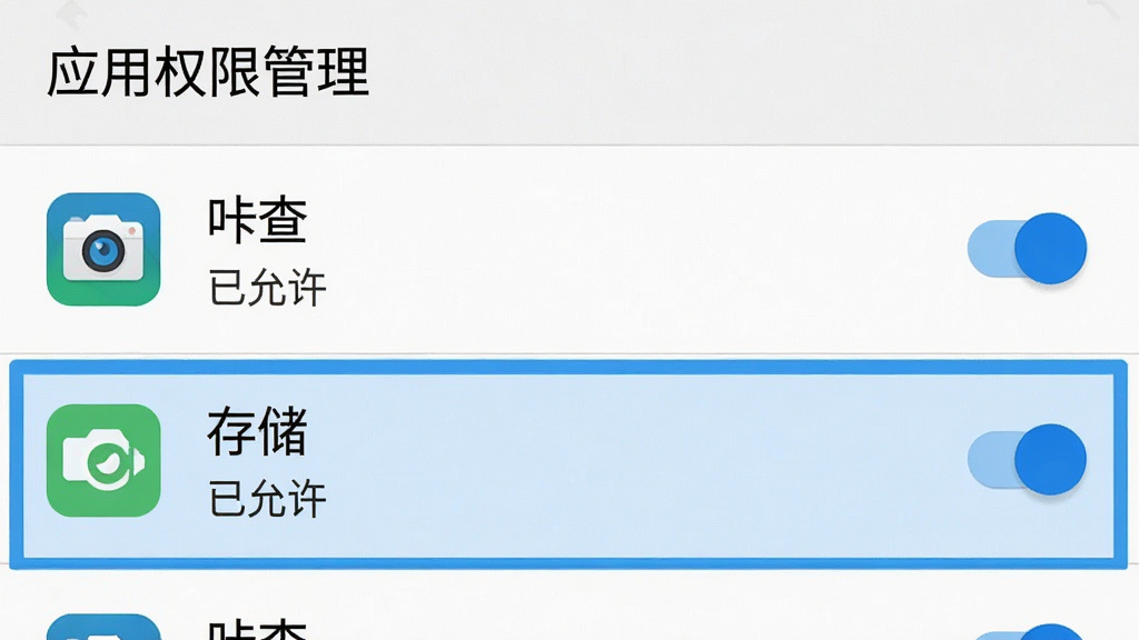 一张手机设置界面的截图展示图,画面中显示安卓手机的“应用权限管理”页面,列表中“咔查”App的相机和存储权限被高亮标注为“已允许”,界面风格为原生安卓设置界面,白色背景,蓝色开关按钮,画质清晰,无多余元素