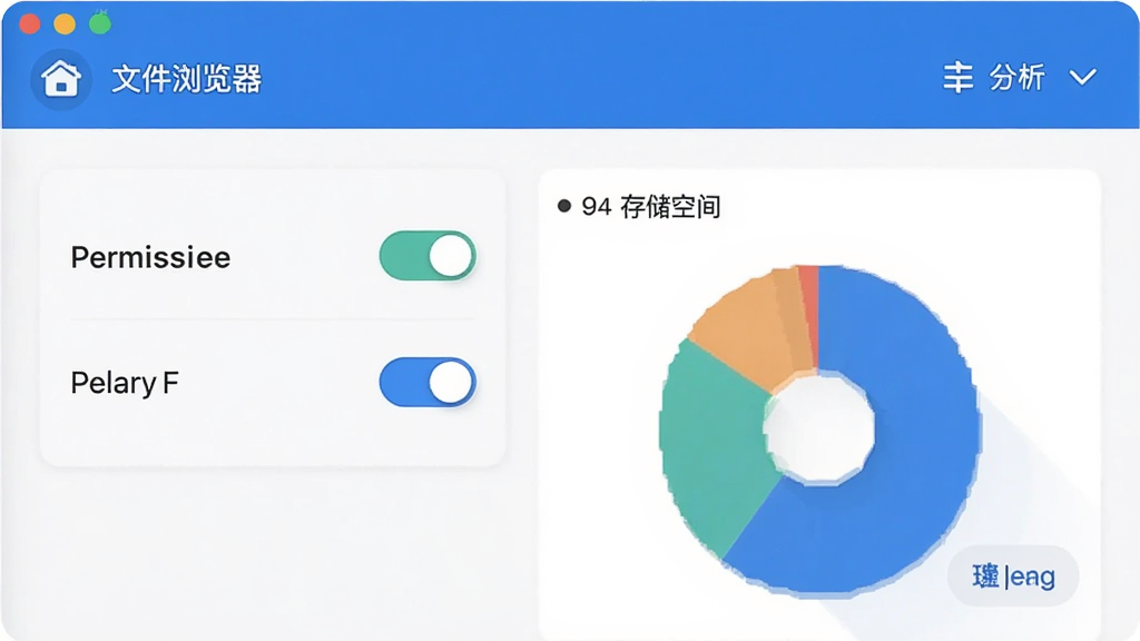一张展示文件浏览器权限设置和存储分析界面的插画,画面中“文件浏览器”应用界面显示权限开关和存储空间饼状图,旁边有清理按钮,蓝白配色,风格简洁现代,画质干净无多余元素