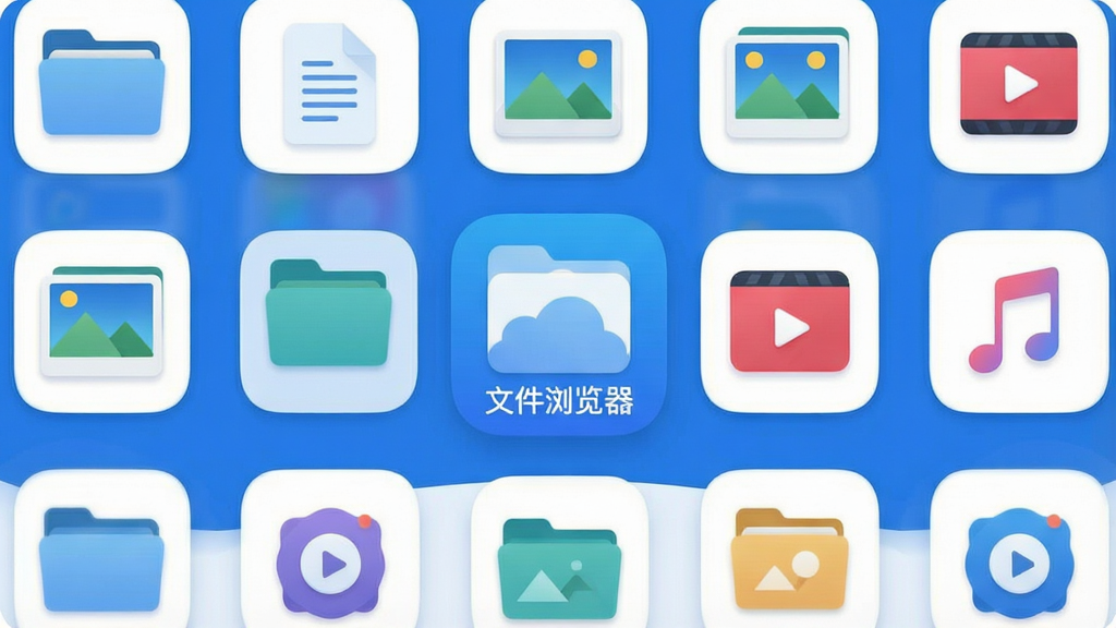 一张展示手机文件管理界面的插画,画面中央是“文件浏览器”应用图标,周围环绕着文件夹、文档、图片、视频、音乐等分类图标,界面布局清晰,蓝白配色,风格现代扁平,细节圆润,画质干净,无多余元素