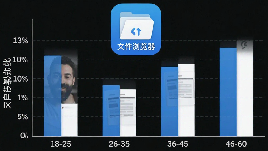 一张展示不同年龄段用户使用文件浏览器的柱状图,横轴为年龄段18-25、26-35、36-45、46-60,纵轴为用户占比,画面中“文件浏览器”应用图标位于图表上方,蓝白配色,风格简洁现代,画质干净无多余元素