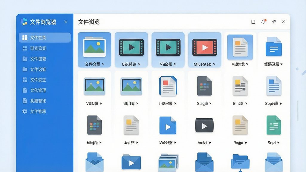 一张展示文件浏览器智能分类功能的界面截图风格插画,画面中“文件浏览器”应用界面将图片、视频、文档等文件按类型整齐排列,左侧有分类导航栏,右侧显示文件缩略图,蓝白配色,风格简洁现代,画质干净无多余元素
