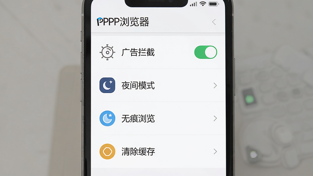 一张PP浏览器新手设置引导界面的示意图,手机屏幕显示设置菜单列表,包含广告拦截开关、夜间模式、无痕浏览、清除缓存等选项,每个选项旁边有简洁的图标,界面风格清爽,顶部有'PP浏览器'标识,画质干净
