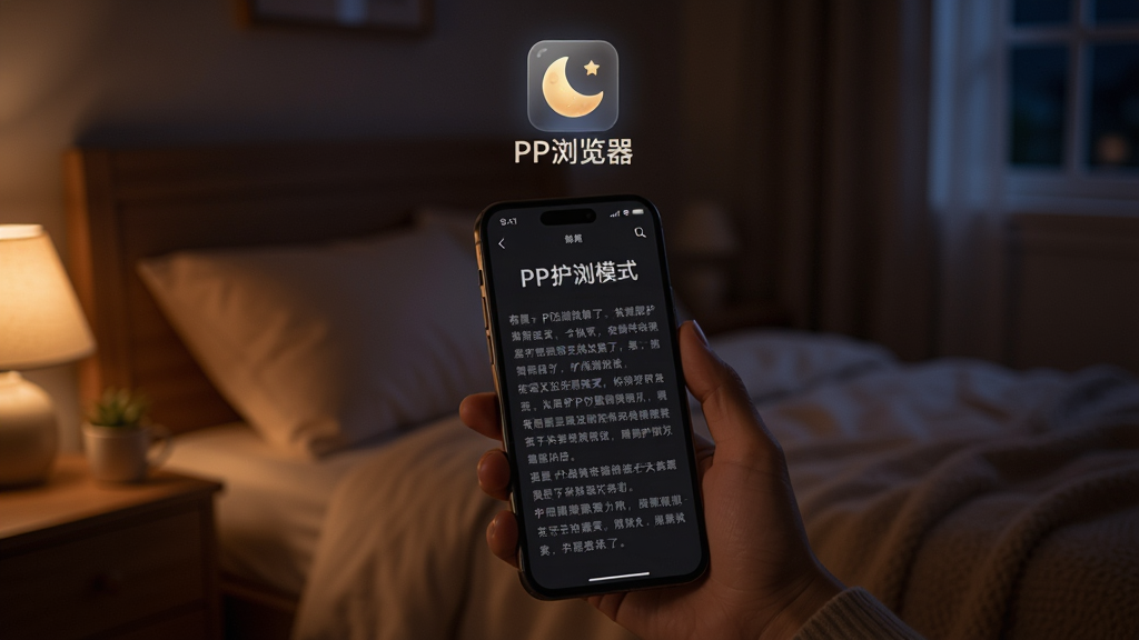 一张展示PP浏览器夜间护眼模式的场景图,画面是昏暗的卧室环境,一只手拿着手机,手机屏幕显示深色背景的阅读页面,文字清晰柔和,屏幕光线不刺眼,手机上方漂浮着'PP浏览器'和月亮图标,风格温馨舒适,画质细腻
