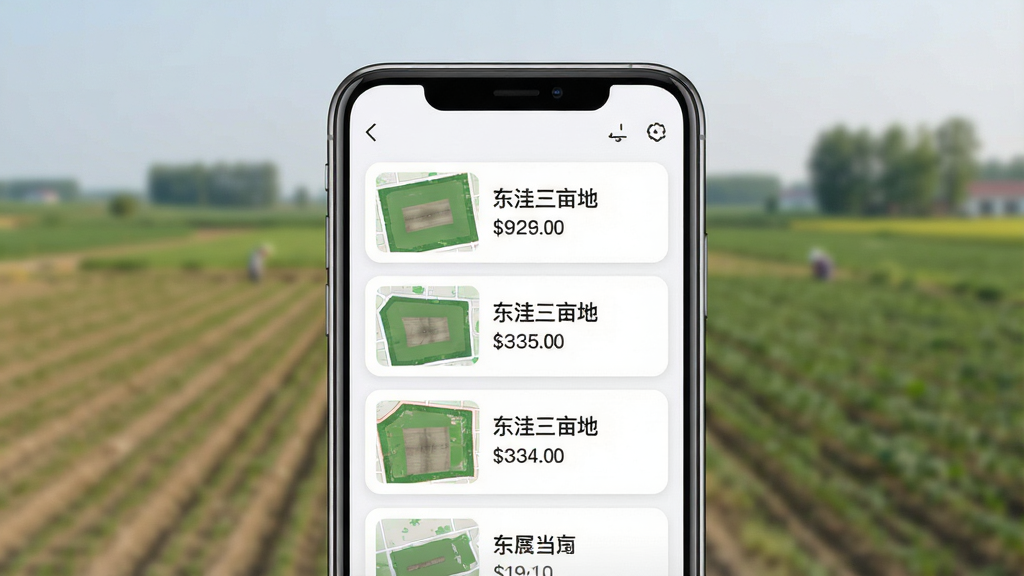 一张展示测亩手机测量地块管理界面的场景图,画面主体是一部手机,屏幕上显示着测亩手机测量的地块列表页面,列表中有多个条目,每个条目左侧有缩略地图,右侧有地块名称如“东洼三亩地”和面积数值,布局上手机居中,背景是模糊的农田风光,风格是简洁现代风,细节上列表条目有圆角卡片设计,文字清晰,画质高清,干净,无多余元素。