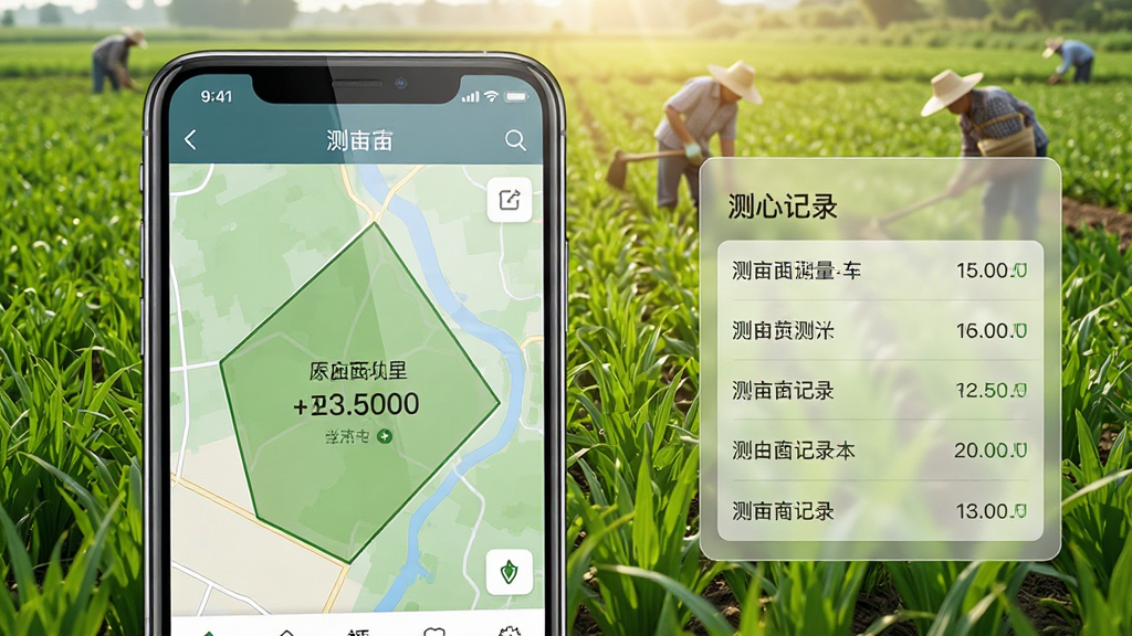 一张展示测亩手机测量App核心功能的场景图,画面主体是一部智能手机,屏幕上清晰显示着测亩手机测量的主界面,地图上画着一个不规则的多边形地块,面积数值清晰可见,手机背景是一片绿油油的农田,远处有农民在劳作,布局上手机居中偏左,右侧用半透明浮层展示测亩记录列表,风格是写实科技风,细节上手机屏幕有轻微反光,农田有阳光照射的质感,画质高清,干净,无多余元素。