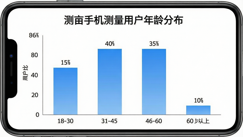 一张展示测亩手机测量用户年龄分布的柱状图,画面主体是一个简洁的数据图表,横轴是年龄段,纵轴是用户占比,柱子高度显示18-30岁占比约15%,31-45岁占比约40%,46-60岁占比约35%,60岁以上占比约10%,布局上图表居中,背景是白色,风格是扁平化数据可视化,细节上柱子有渐变蓝色,数据标签清晰,画质高清,干净,无多余元素,图表标题为“测亩手机测量用户年龄分布”。