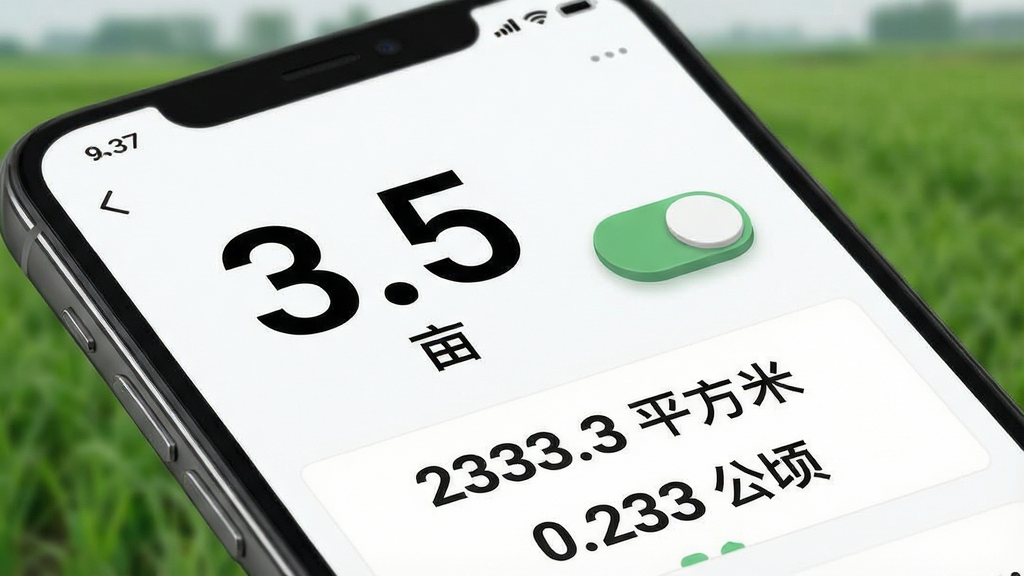 一张展示测亩手机测量单位换算功能的示意图,画面主体是一部手机特写,屏幕上显示着测亩手机测量的结果页面,一个大大的数字“3.5”下面跟着单位“亩”,旁边有切换按钮,下方列出了“2333.3平方米”和“0.233公顷”的换算结果,布局上手机屏幕占据画面大部分,背景是虚化的绿色田野,风格是极简数据风,细节上数字字体大而清晰,按钮有轻微立体感,画质高清,干净,无多余元素。