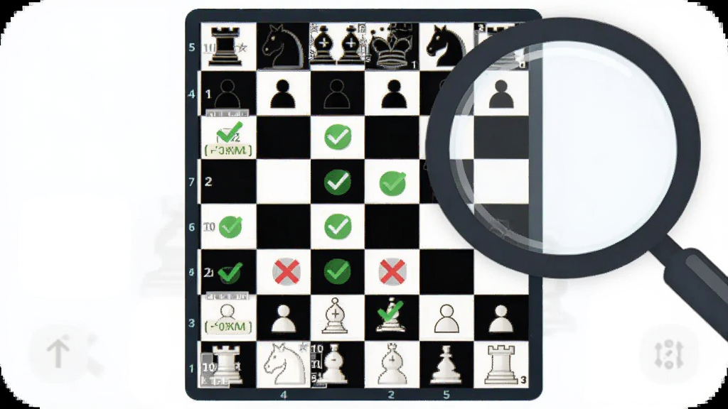 少儿国际象棋教学合集棋谱复盘界面,主体是一个放大镜照在棋盘上,棋盘上标注了绿色对勾和红色叉号,布局为棋盘占据中心放大镜在右上角,排版简洁突出复盘功能,风格为教育类App扁平UI风格,细节包括棋步编号和评价标签,画质高清干净无多余元素