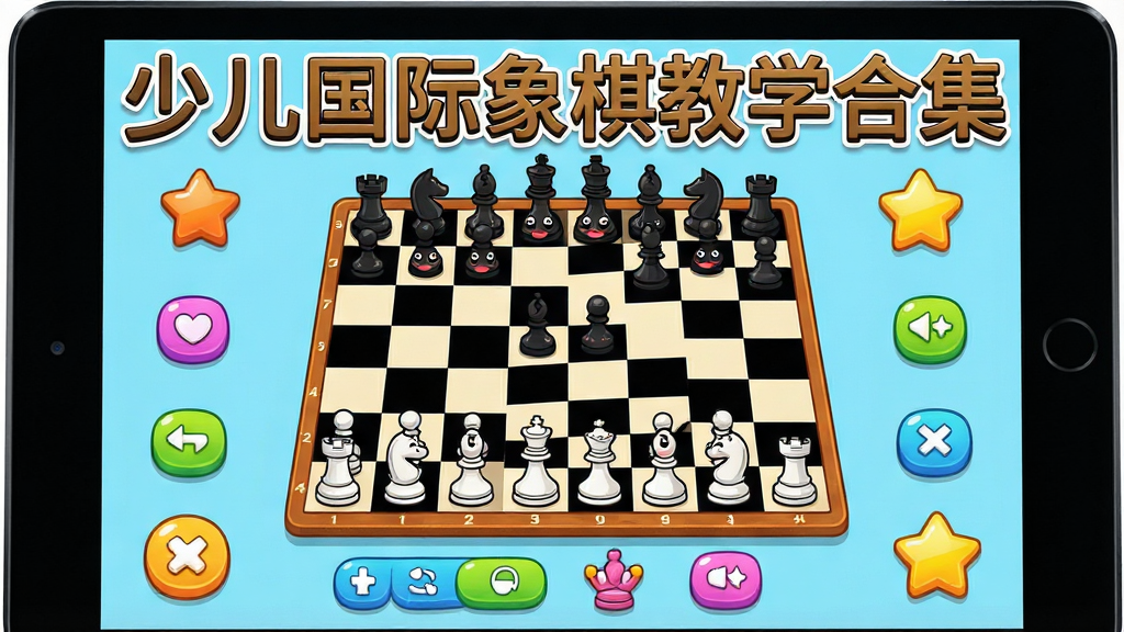 一张展示少儿国际象棋教学合集软件核心全貌的插画,主体是一个平板电脑屏幕,屏幕中央显示卡通风格的国际象棋棋盘,黑白棋子拟人化带着笑脸,棋盘周围漂浮着“少儿国际象棋教学合集”的文字标题,布局采用居中构图,排版上方为软件名称下方为棋盘界面,风格为明亮活泼的儿童教育插画风,细节包括彩色按钮和星星奖励图标,画质高清干净无多余元素