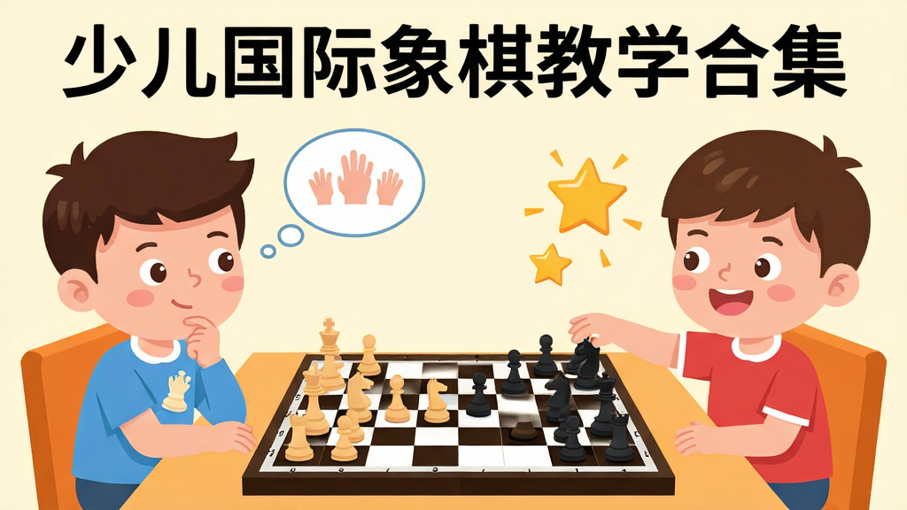 少儿国际象棋教学合集互动对弈界面,主体是两个卡通小朋友隔着棋盘对坐,一个托腮思考一个开心走棋,布局为左右对称棋盘居中,排版上方显示“少儿国际象棋教学合集”字样,风格为明快扁平插画风,细节包括思考气泡和胜利星星,画质干净无多余元素