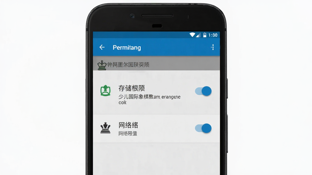 少儿国际象棋教学合集安装设置界面截图示意,主体是一个手机屏幕显示权限设置页面,布局为手机居中屏幕内显示存储权限和网络权限开关,排版清晰列出权限项,风格为安卓系统设置界面写实风格,细节包括权限图标和文字说明,画质干净无多余元素
