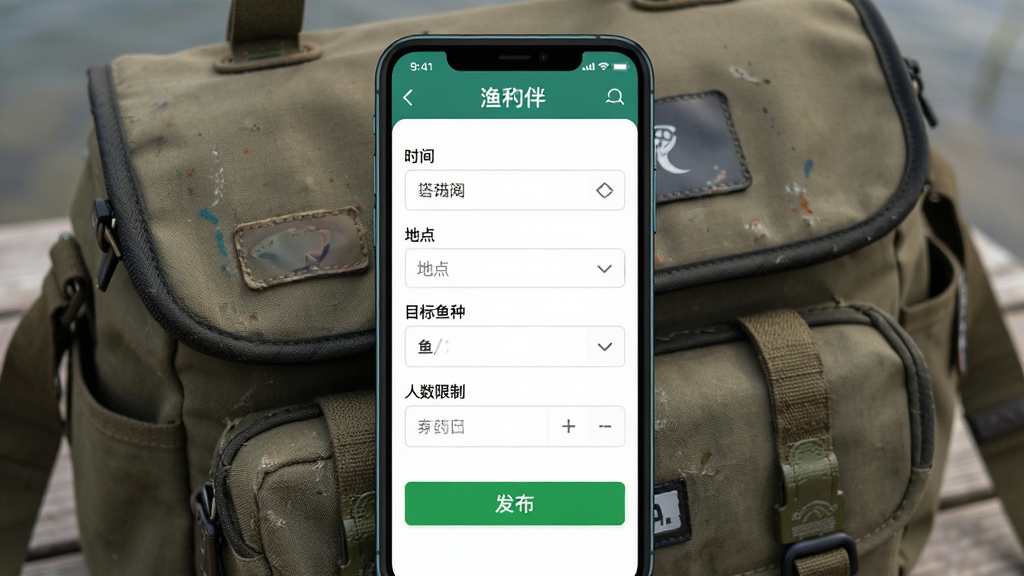 一张展示“渔伴”App约钓发布页面的手机界面图,画面中央是手机屏幕,屏幕内显示发布约钓的表单,包含“时间”、“地点”、“目标鱼种”、“人数限制”等输入框,下方有一个绿色的“发布”按钮,背景是手机放在钓鱼包上的场景,风格简洁实用,细节清晰,画质干净,无多余元素