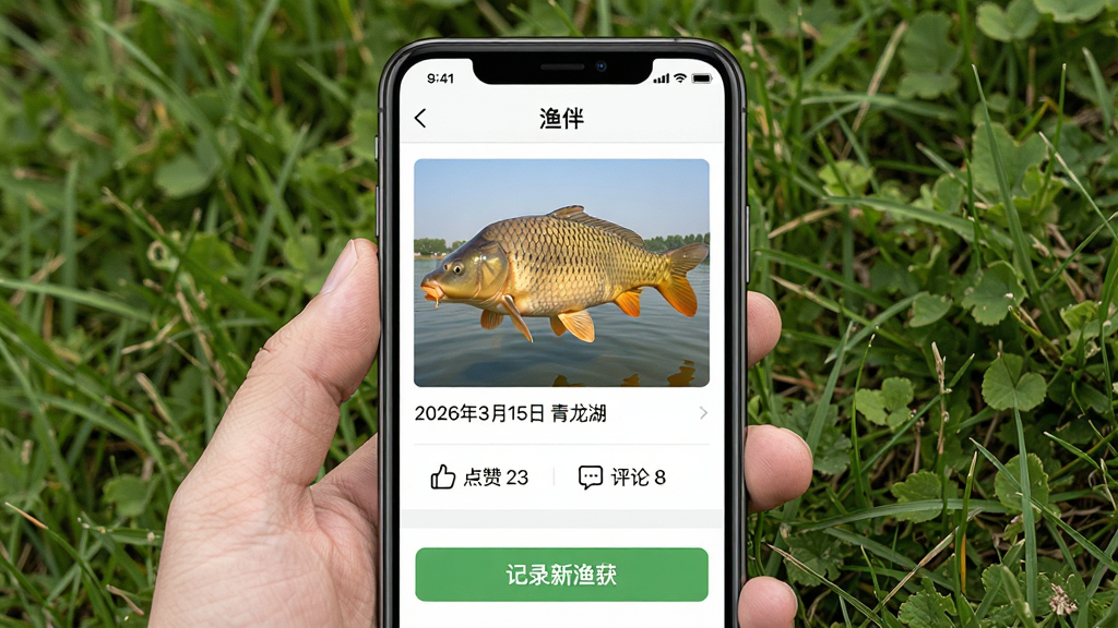 一张展示“渔伴”App渔获记录页面的手机界面图,画面中央是手机屏幕,屏幕内显示一条渔获记录,包含一条大鲤鱼的照片,照片下方有“2026年3月15日 青龙湖”的文字,再下方有“点赞 23”和“评论 8”的图标,底部有“记录新渔获”按钮,背景是手机放在草地上的场景,风格清新自然,细节清晰,画质干净,无多余元素