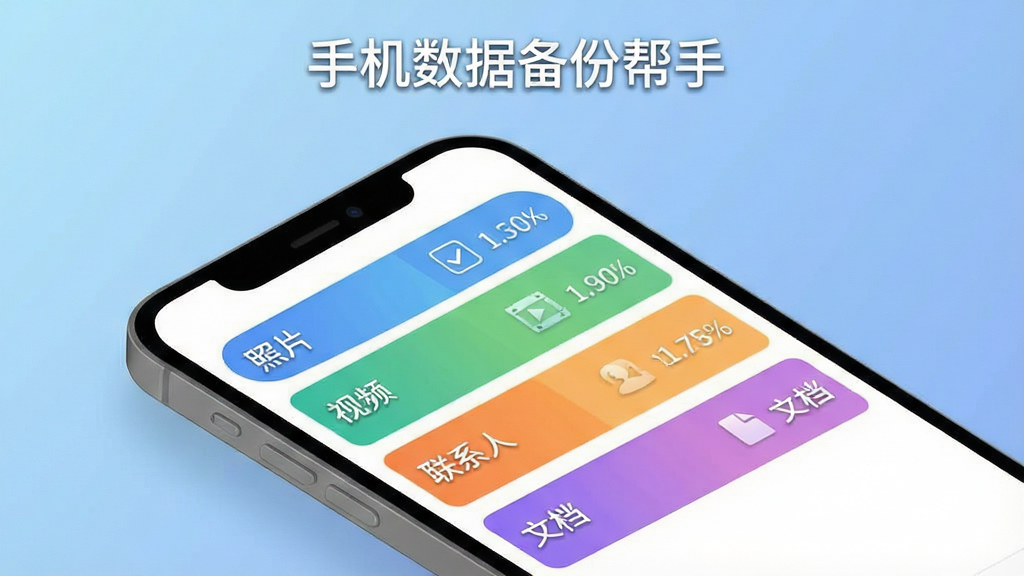 一张展示手机数据备份帮手智能分类与预览功能的图片,画面是一部手机屏幕的特写,屏幕上显示着软件界面,界面被划分为“照片”、“视频”、“联系人”、“文档”等几个彩色标签区域,每个区域旁边有勾选框和文件数量预览。画面采用等距视角,风格简洁清爽,背景是柔和的渐变蓝,画质细腻,无多余元素,屏幕上方有“手机数据备份帮手”文字标识。