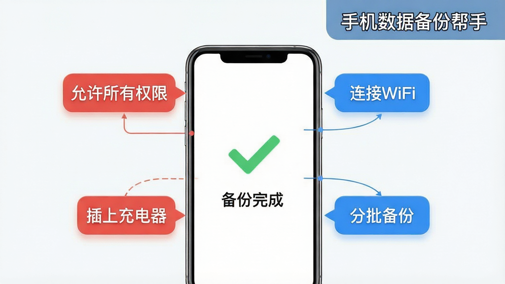 一张展示手机数据备份帮手使用技巧的图片,画面以手机屏幕为中心,屏幕周围漂浮着几个提示气泡,气泡内分别写着“允许所有权限”、“连接WiFi”、“插上充电器”、“分批备份”等文字,用红色和蓝色区分重要程度。手机屏幕显示备份成功后的绿色对勾和“备份完成”字样,整体风格为信息图卡片,背景干净整洁,画质清晰,无多余元素,图片中带有“手机数据备份帮手”文字标识。