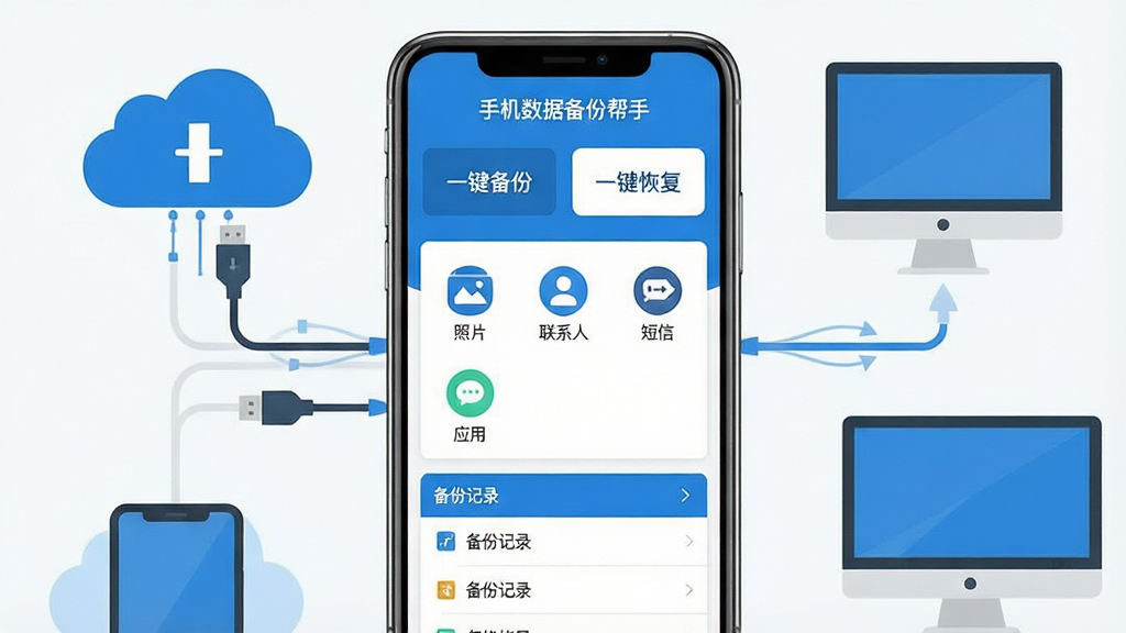 一张展示手机数据备份帮手软件核心界面的图片,画面中央是一部智能手机,手机屏幕上显示着“手机数据备份帮手”的软件界面,界面以蓝白配色为主,顶部是“一键备份”和“一键恢复”两个大按钮,中间区域用图标和文字清晰列出了照片、联系人、短信、应用等可备份数据类型,底部是备份记录列表。手机周围环绕着云端存储、数据线、电脑等元素,暗示数据可以在多设备间流转。整体风格简洁现代,扁平化设计,画质干净清晰,无多余元素。