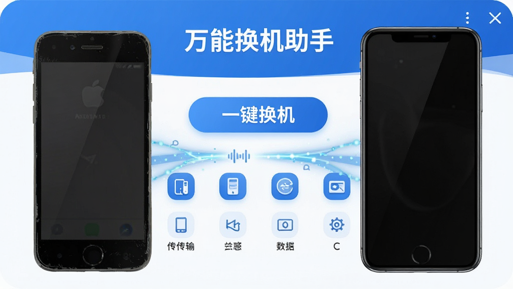 万能换机助手 软件主界面全貌展示,一部旧手机和一部新手机并排摆放,中间有数据流光线连接,界面以蓝白配色为主,顶部显示“万能换机助手”文字标识,中间有“一键换机”大按钮,下方列出可传输数据类型图标,风格现代扁平,细节圆润,画质干净,无多余元素