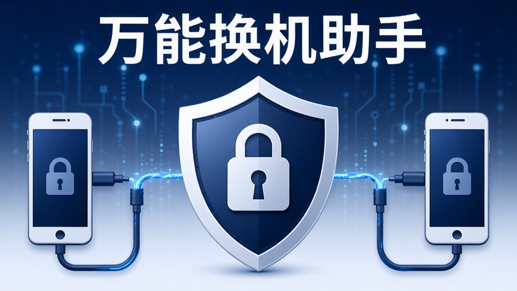 万能换机助手 安全加密传输概念图,画面中央是一个盾牌图标,盾牌上有锁形符号,盾牌两侧有手机图标通过加密数据线连接,背景有“万能换机助手”文字,整体风格稳重科技感,色调以深蓝和白色为主,画质清晰,无多余元素