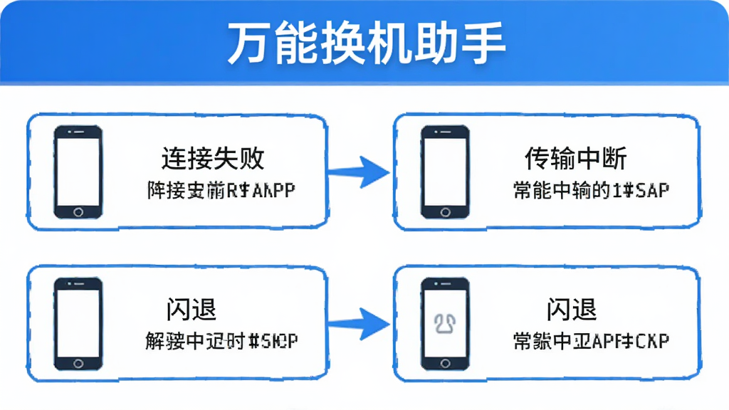 万能换机助手 故障排查流程图,画面以流程图形式展示连接失败、传输中断、闪退等常见问题的解决步骤,每个步骤配有手机图标和文字框,顶部有“万能换机助手”标识,风格简洁信息图,蓝白配色,画质干净,无多余元素
