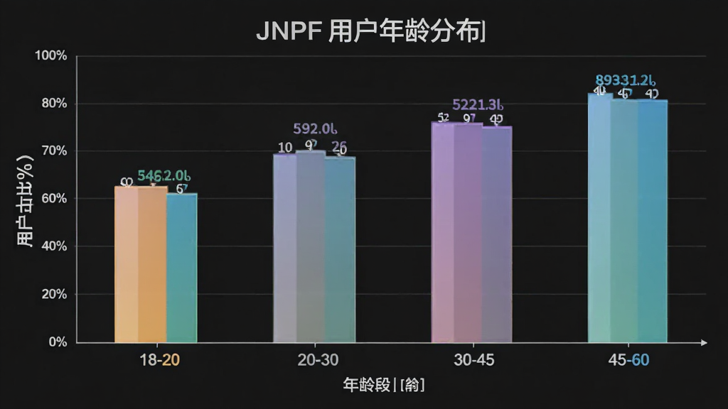 一张展示JNPF用户年龄分布柱状图的图片,主体为柱状图图表,布局横轴为年龄段18-20、20-30、30-45、45-60,纵轴为用户占比百分比,排版清晰,风格商务简约,细节上柱体颜色区分明显、数据标签清晰,画质干净无多余元素,图片中带有JNPF字样