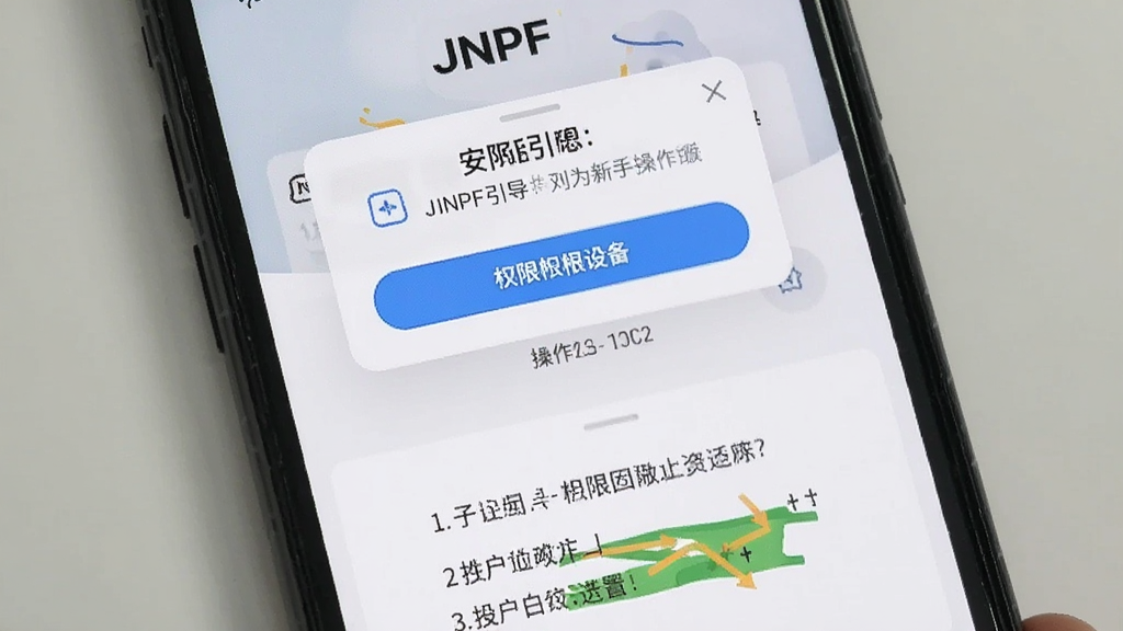 一张展示JNPF新手操作界面的图片,主体为手机屏幕显示JNPF安装引导与权限设置页面,布局上方是权限请求弹窗,下方是操作步骤提示,排版清晰分步展示,风格简洁友好,细节上按钮醒目、文字易读,画质干净无多余元素,图片中带有JNPF字样