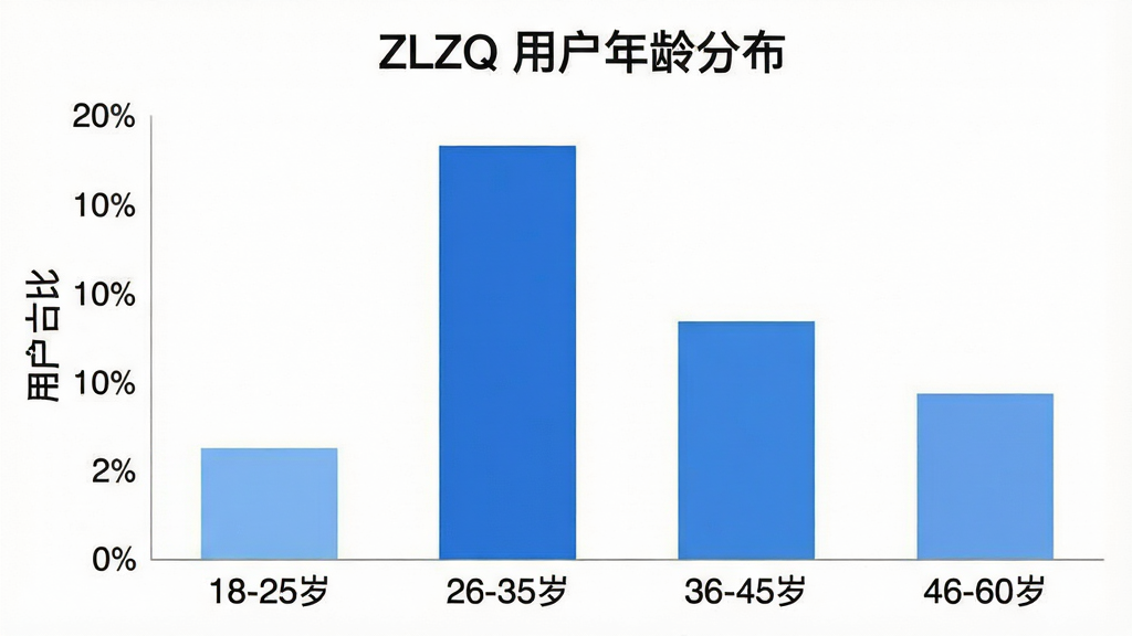 一张展示用户年龄分布的柱状图,横轴标注“18-25岁”、“26-35岁”、“36-45岁”、“46-60岁”,纵轴标注“用户占比”,柱状图显示 26-35 岁占比最高,其次是 36-45 岁,整体配色为蓝色系,图表上方标有“ZLZQ 用户年龄分布”字样,风格简洁数据可视化,画质干净,无多余元素
