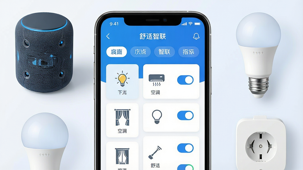 一张展示智能家居控制场景的图片,画面中央是手机屏幕,屏幕上显示