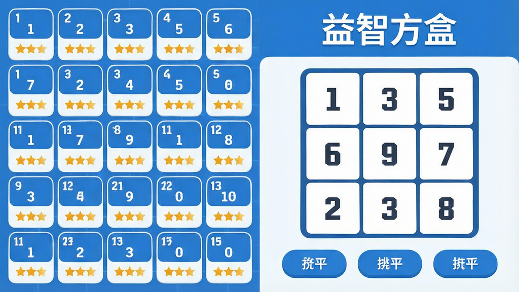 益智方盒功能展示图,画面分为左右两部分,左侧是密密麻麻的关卡选择网格,每个格子里有数字和星星评分,右侧是解题界面特写,显示一个九宫格数字谜题和提示按钮,顶部有“益智方盒”字样,整体布局清晰有条理,风格现代扁平化,配色以蓝白为主,细节上按钮有圆角处理,文字清晰可辨,画质干净无多余元素