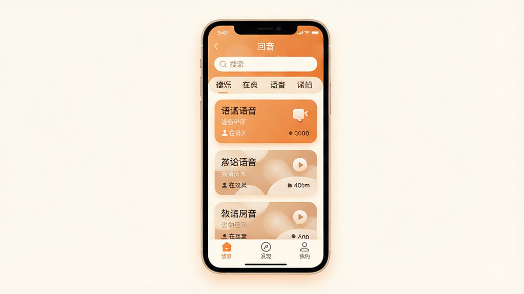 回音 软件 主界面 展示图,主体是一个手机屏幕,屏幕内显示着“回音”APP的聊天室列表界面,布局简洁,顶部有搜索栏和分类标签,中间是几个不同主题的语音房间卡片,每个卡片上有房间名和在线人数,底部是消息、发现、我的三个导航图标,风格温暖柔和,色调以暖橙色和米白色为主,细节圆润,画质干净清晰,无多余元素