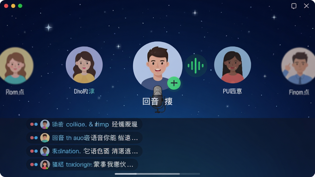 回音 软件 语音房间 场景图,主体是一个热闹的语音派对房间界面,屏幕中央显示着几个用户的头像和昵称,一个用户正在麦上发言,头像旁有绿色声波图标,屏幕下方是公屏聊天区,滚动着观众的文字消息,背景是深蓝色星空渐变,风格现代,细节精致,画质干净,无多余元素