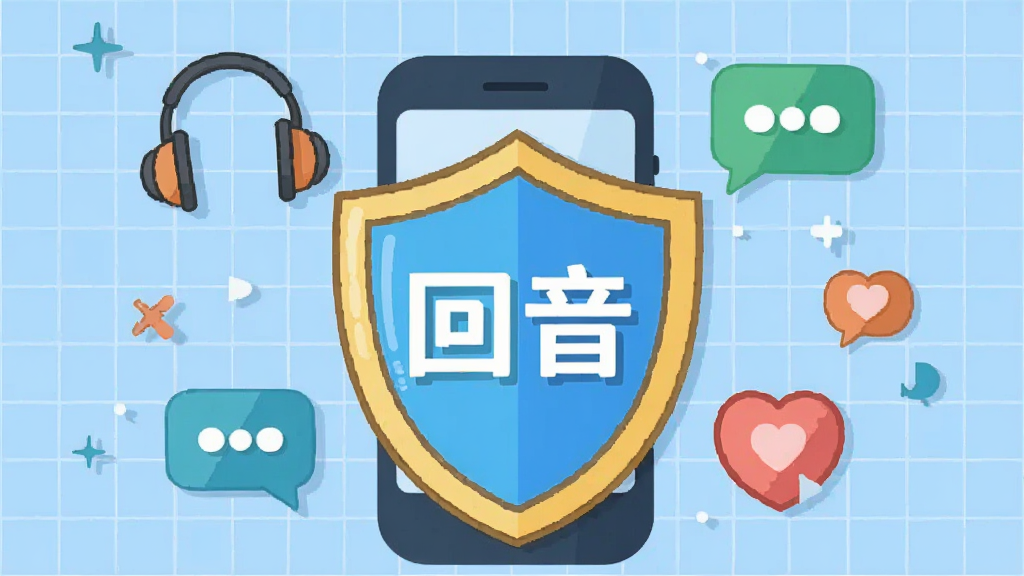 回音 软件 安全使用 示意图,主体是一个卡通风格的手机盾牌图标,盾牌上写着“回音”二字,盾牌周围环绕着耳机、聊天气泡和爱心图案,背景是浅蓝色网格,风格扁平化,细节简洁,画质干净,无多余元素