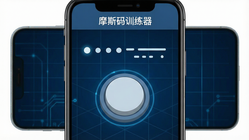 一张展示摩斯码训练器软件核心界面的图片,画面主体是一部手机,手机屏幕上清晰显示着“摩斯码训练器”的应用程序界面,界面中央有一个醒目的大圆点按键,上方有摩斯电码的点点横横符号在跳动,背景是深蓝色的科技感网格,布局干净利落,风格是扁平化设计,细节上按键有按压的立体感,画质清晰,整体干净无多余元素
