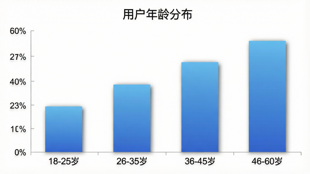 一张展示摩斯码训练器用户年龄分布的柱状图,横轴是年龄段“18-25岁”“26-35岁”“36-45岁”“46-60岁”,纵轴是人数占比,柱子颜色是渐变蓝色,背景是白色,图表上方有标题“用户年龄分布”,风格是简洁数据可视化,细节上柱子有轻微的阴影效果,画质清晰,整体干净无多余元素