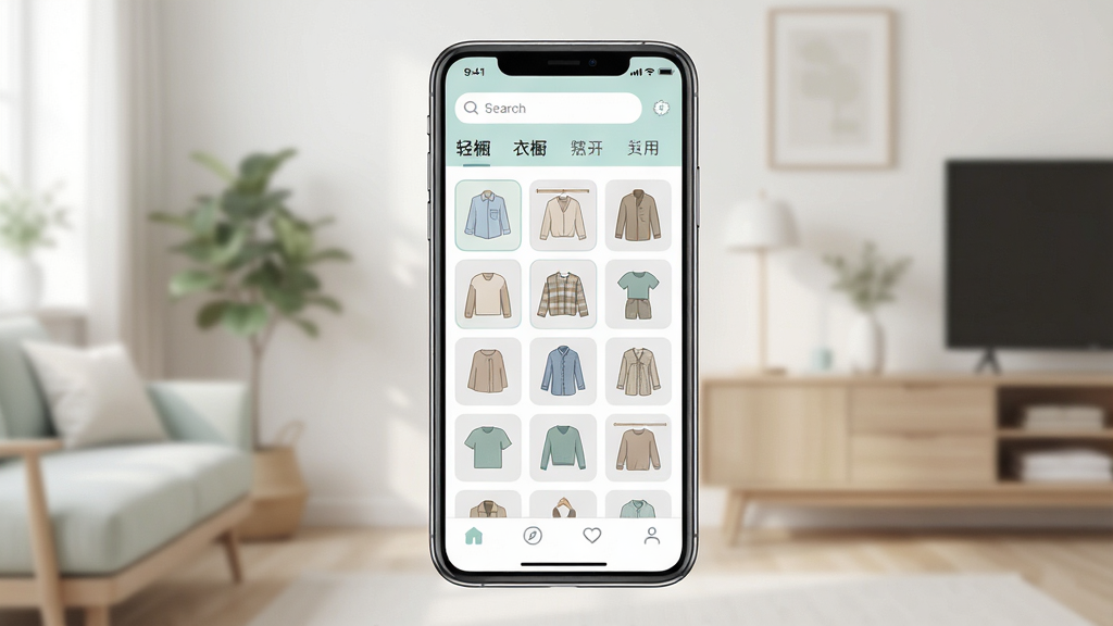 一张展示“轻衣橱”软件核心界面的图片,画面中央是一部智能手机,手机屏幕显示衣橱管理界面,有分类整齐的衣物缩略图网格,顶部有搜索栏和分类标签,底部有导航栏,整体色调柔和清新,背景是简约的居家环境,风格现代扁平,细节清晰,画质干净,无多余元素