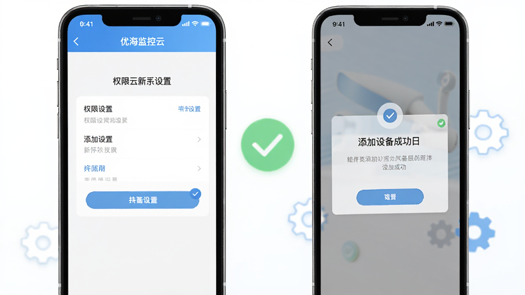 优海监控云新手设置界面截图风格示意图,画面中一部手机显示权限设置页面,另一部手机显示添加设备成功后的提示画面,旁边有对勾和齿轮图标,背景简洁明亮,风格清新,画质干净
