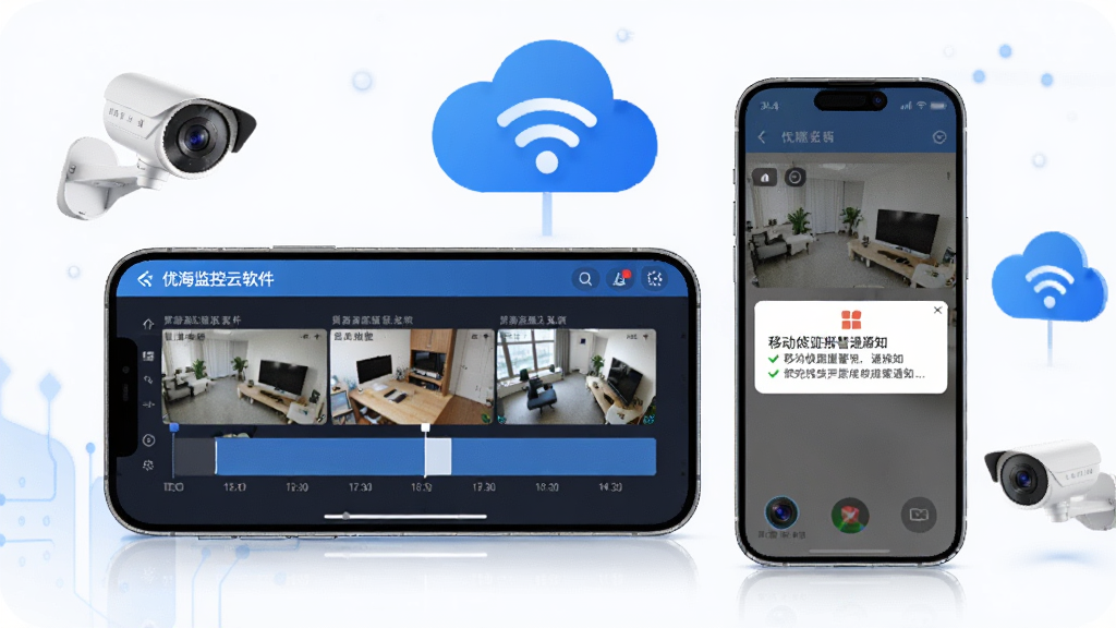 优海监控云软件功能展示图,画面中一部手机横屏显示监控回放时间轴,另一部手机竖屏显示移动侦测报警推送通知,周围环绕摄像头、云朵、WiFi信号等图标,风格科技感但亲切,画质干净无多余元素