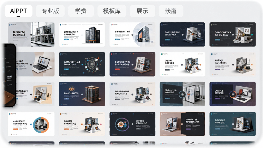 AiPPT专业版海量模板库界面展示,画面展示手机屏幕上排列着整齐的模板缩略图网格,每个缩略图代表不同风格的PPT模板,有商务风、学术风、创意风等,界面顶部有分类标签栏,整体布局干净有序,以浅灰色为背景,突出模板内容的丰富性,风格现代简约,画质清晰明亮,无多余元素