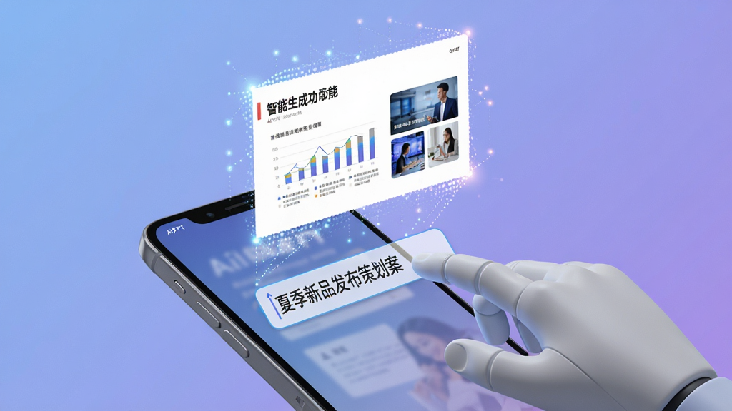 AiPPT专业版AI智能生成功能演示画面,画面中一只虚拟的手正在点击手机屏幕上的输入框,输入框内写着“夏季新品发布策划案”,屏幕上方浮现出由光点汇聚而成的PPT页面缩略图,页面包含标题、图表和配图,背景是柔和的蓝紫色渐变,风格充满科技感与未来感,细节清晰,画质干净无多余元素